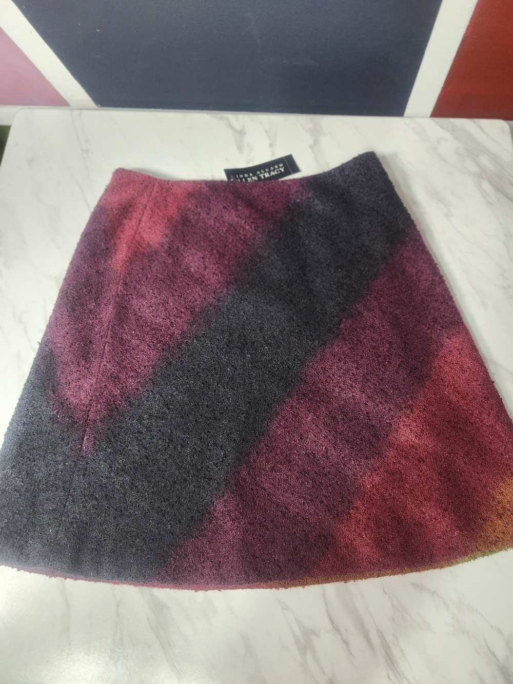 NWT Linda Allard Ellen Tracy Striped Wool Blend Skirt Burgundy+Multi Size 12